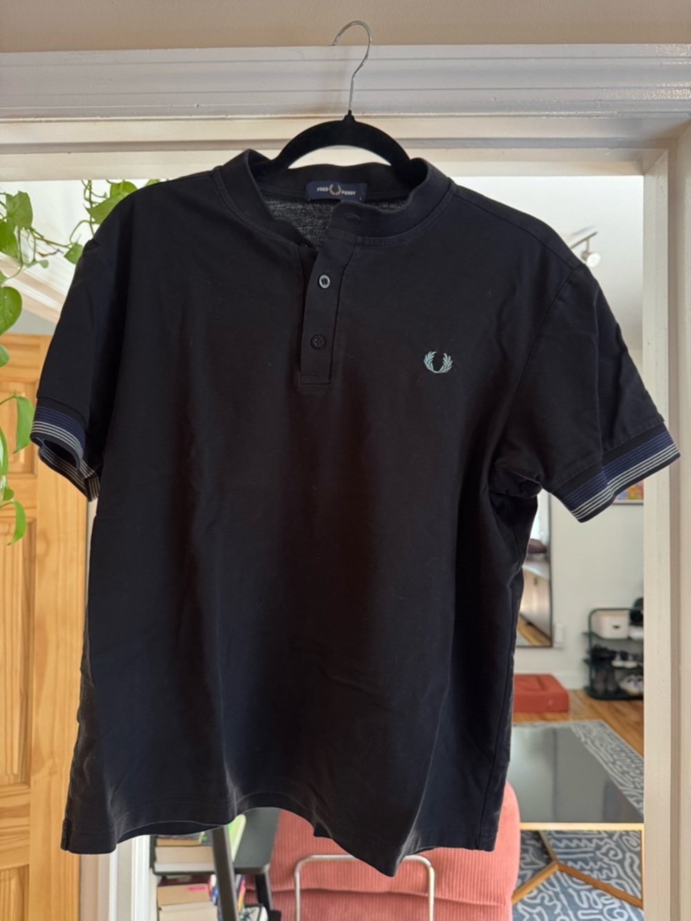 Fred Perry Black Short Sleeve Henley Polo with Striped Cuffs